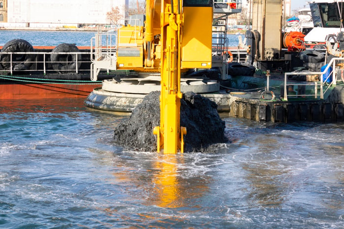 Excavator dredging a river