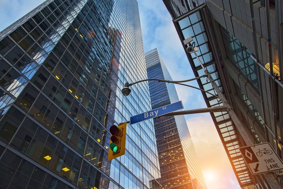 Toronto's financial district, seen from a corner on Bay Street
