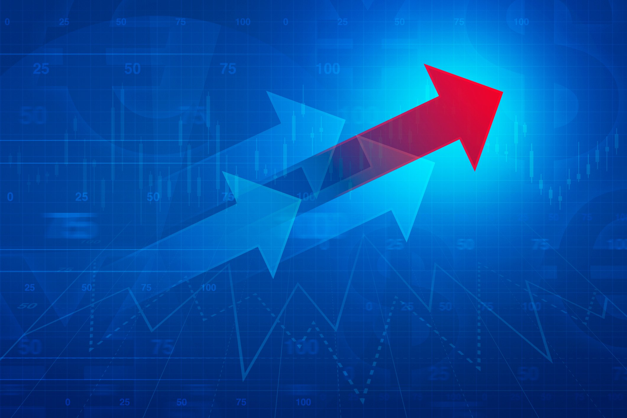 Four arrows in front of charts.