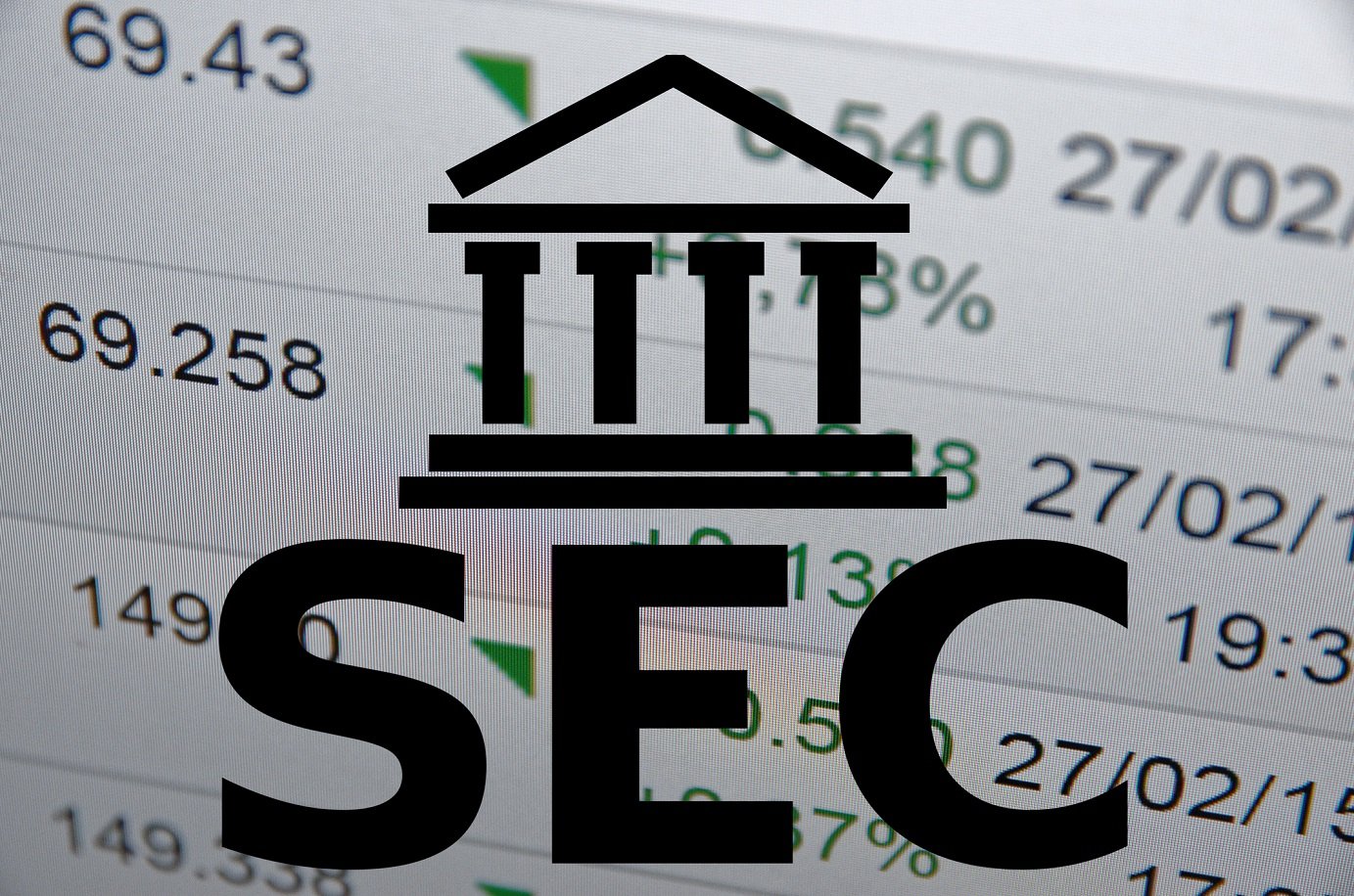 Stock listings with the letters SEC superimposed, along with a graphic of a building with columns