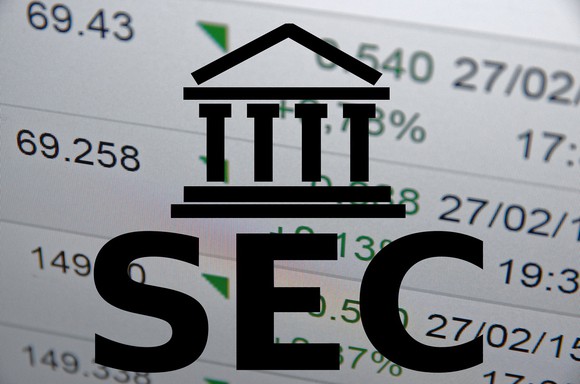Stock listings with the letters SEC superimposed, along with a graphic of a building with columns