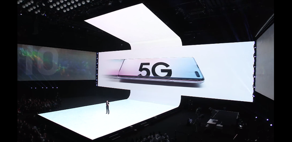A Samsung 5G phone unveiling at an event