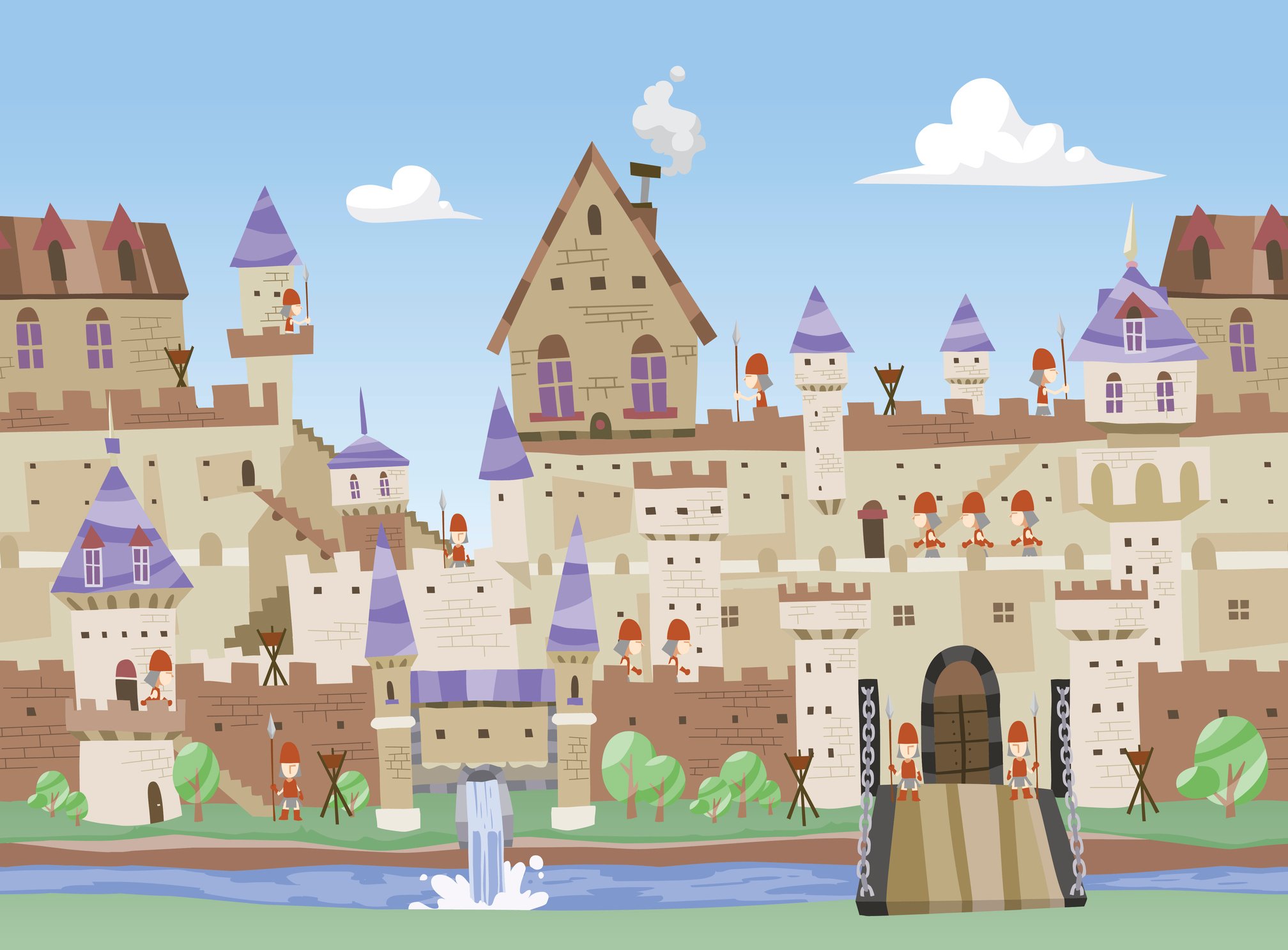 Illustration of a castle with a moat.