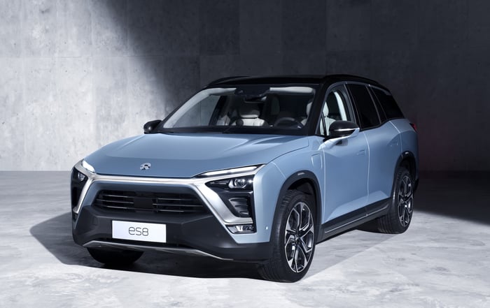 A blue NIO ES8, an upscale SUV with sleek, angular styling. 