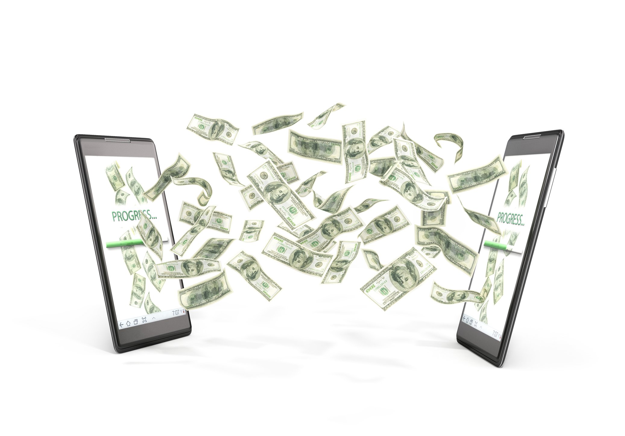 Dollar bills flying between two mobile phones 