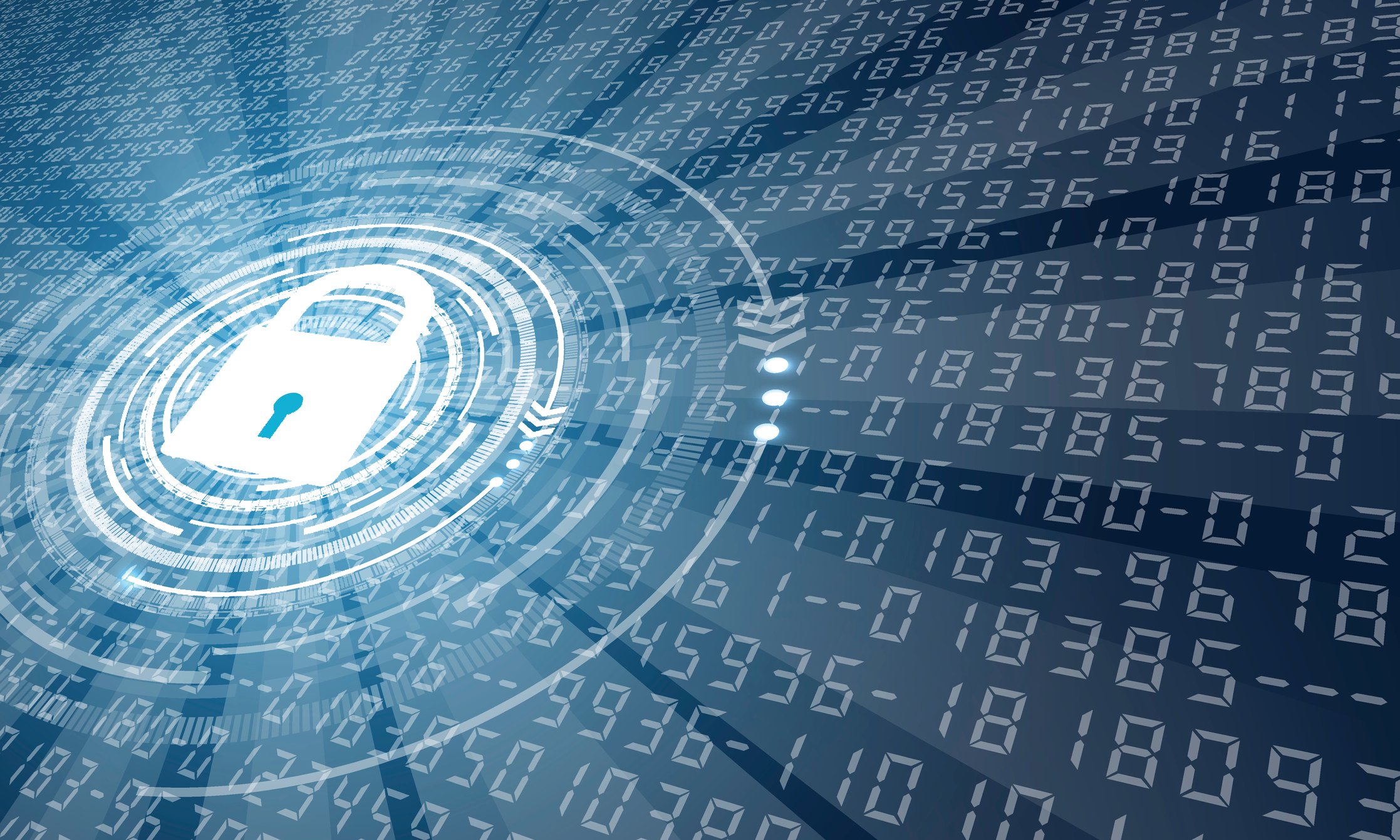 digital image of a lock with random numbers in the background; cybersecurity concept.