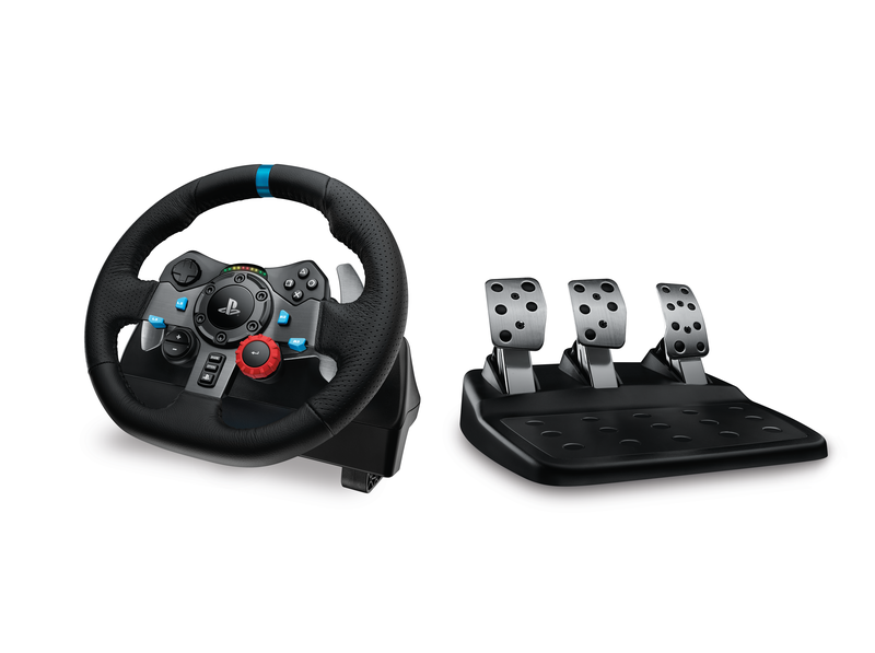 A Logitech steering wheel and pedal set.