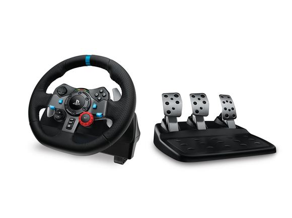 A Logitech steering wheel and pedal set.