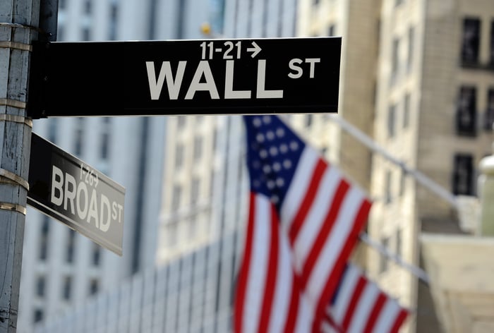 The street sign for Wall Street with American flags in the background