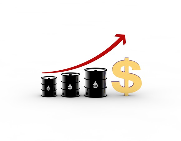 Three black barrels of oil and a dollar sign under a red arrow that's moving up and to the right.