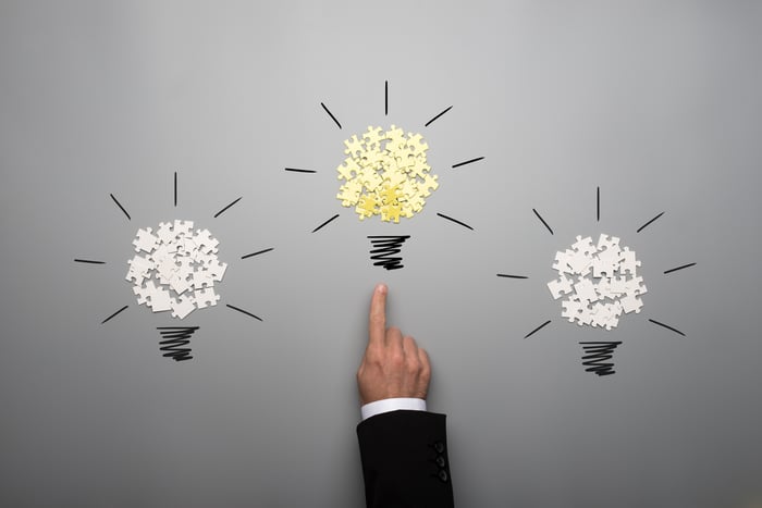 Three light bulb images formed by jigsaw puzzle pieces with a finger pointing to one of them.