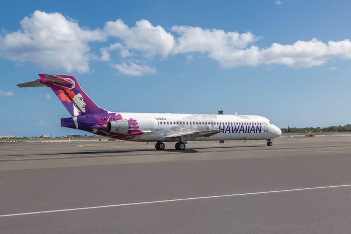 A Hawaiian Airlines jet parked on the tarmac.