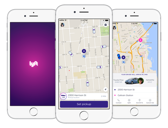 Lyft app interface shown on three smartphones