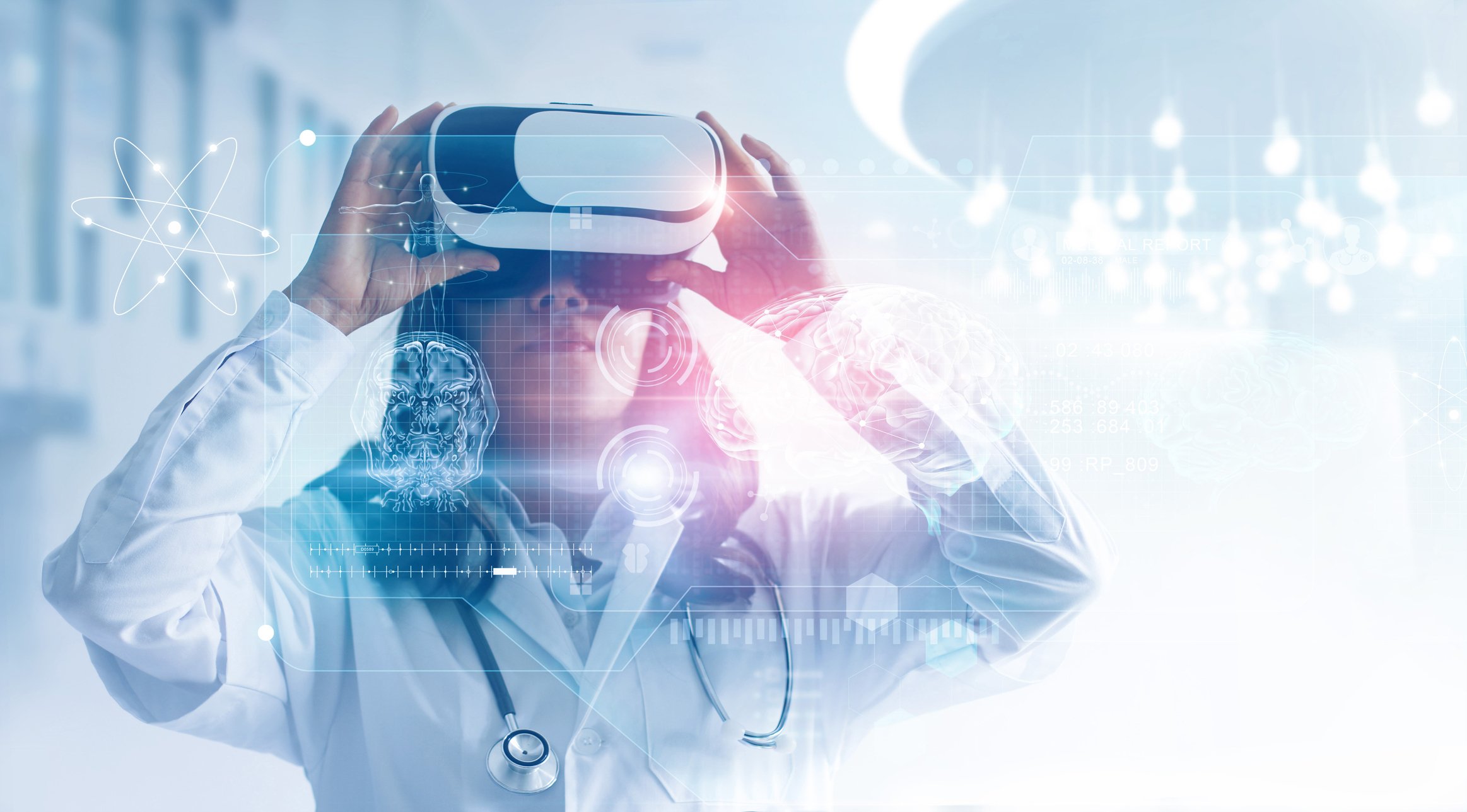 Person in a white lab coat and stethoscope, wearing a VR headset