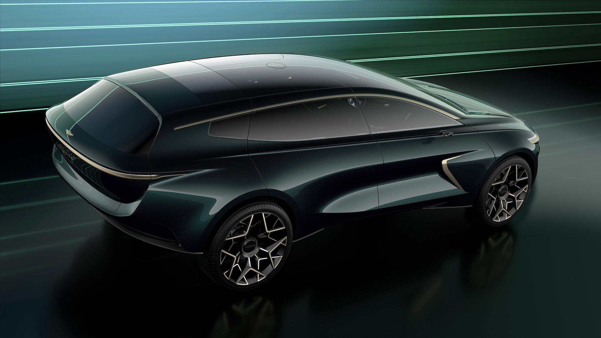 The Lagonda All-Terrain Concept, a long and sleek electric SUV, viewed from above.