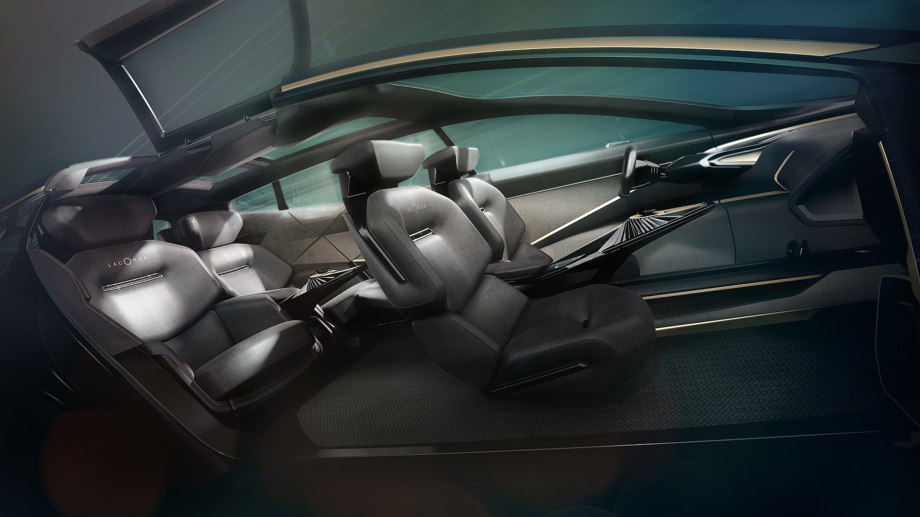 A view of the Lagonda All-Terrain Concept's interior, showing plush seating for four and a futuristic-looking dashboard.