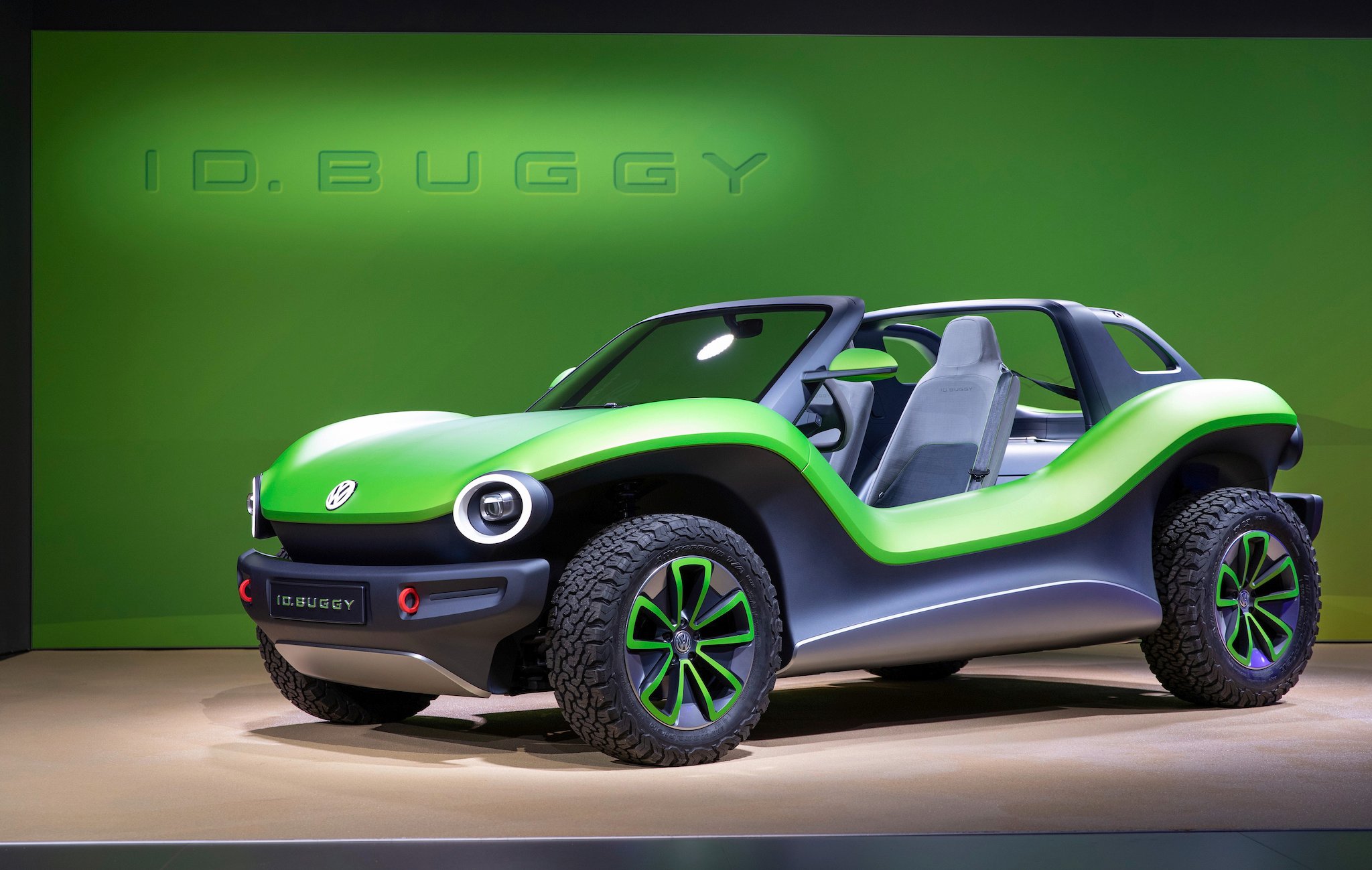 The VW I.D. Buggy, a two-seat electric vehicle inspired by the Meyers Manx dune buggy of the 1960s