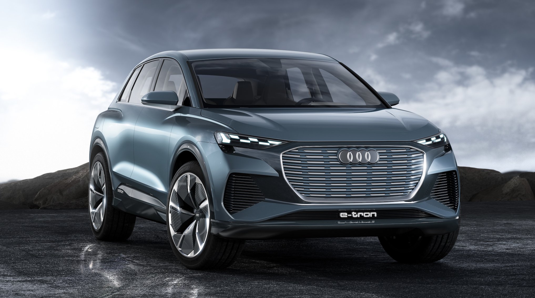 The Audi e-tron Q4 Concept, a blue compact luxury SUV.
