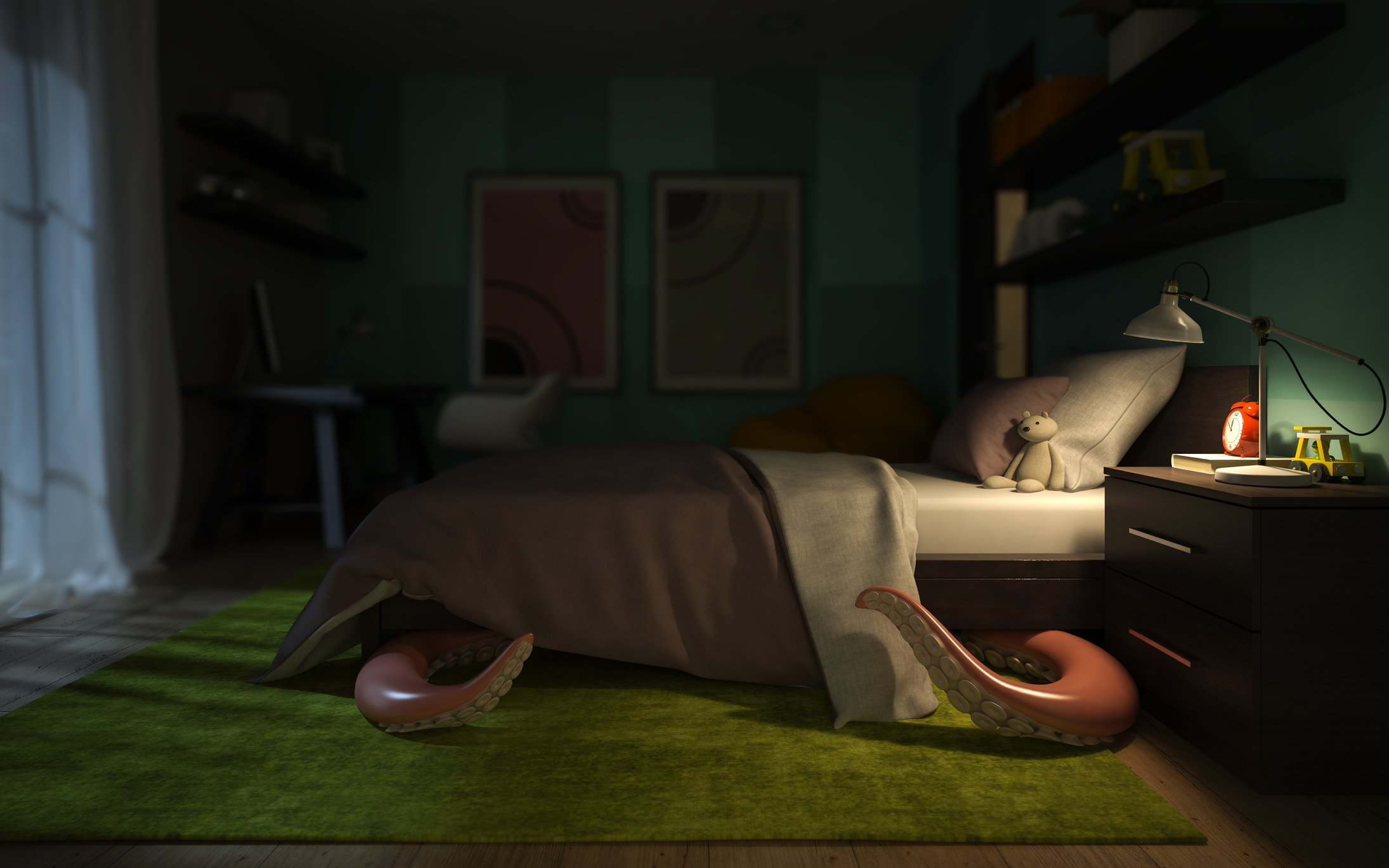 Monster tentacles emerging from under child's bed in a dark bedroom with only a nightstand lamp on