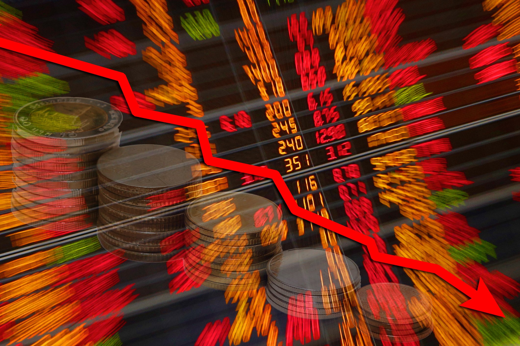 Down arrow superimposed on numbers and coins.