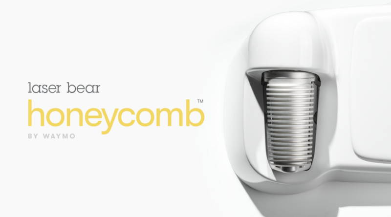 A LiDAR sensor and text that reads laser bear honeycomb by Waymo.