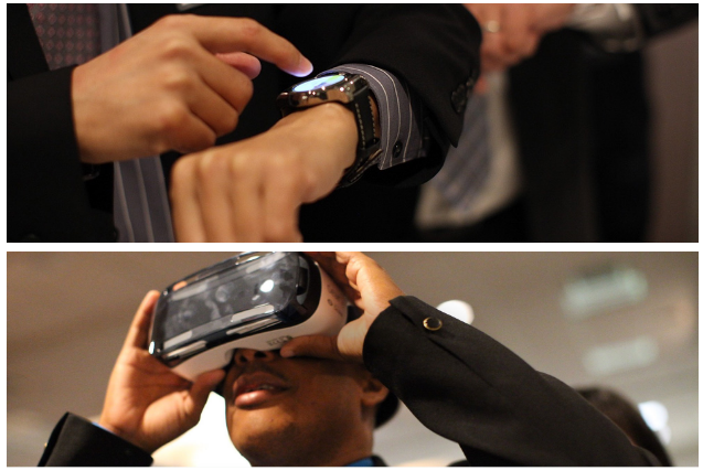 Two-paned image with top pane showing a lit display on a smartwatch on a person's wrist and bottom pane showing a man using a virtual reality headset. 
