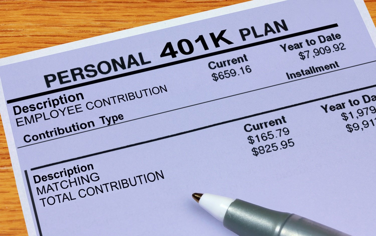 Personal 401K statement with ink pin on top of it.