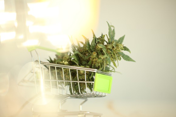 Marijuana flower in a miniature shopping cart.