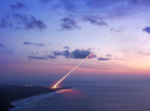 A Lockheed Martin THAAD interceptor is launched over water.