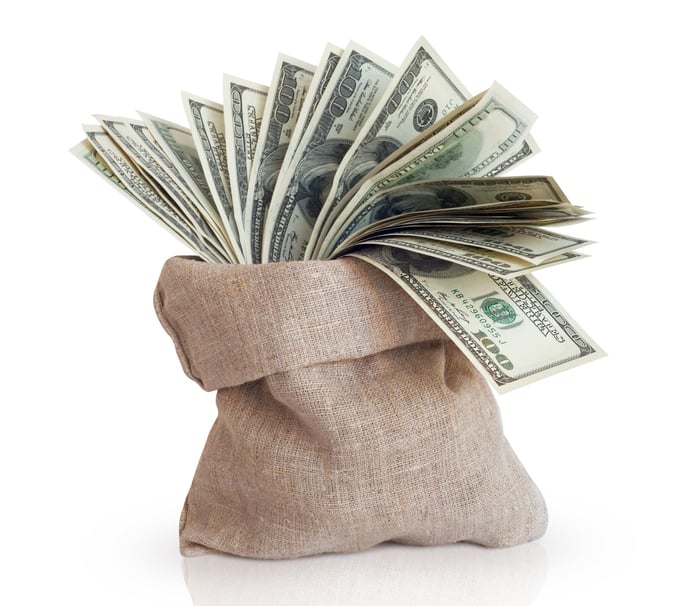 Burlap bag full of $100 bills. 