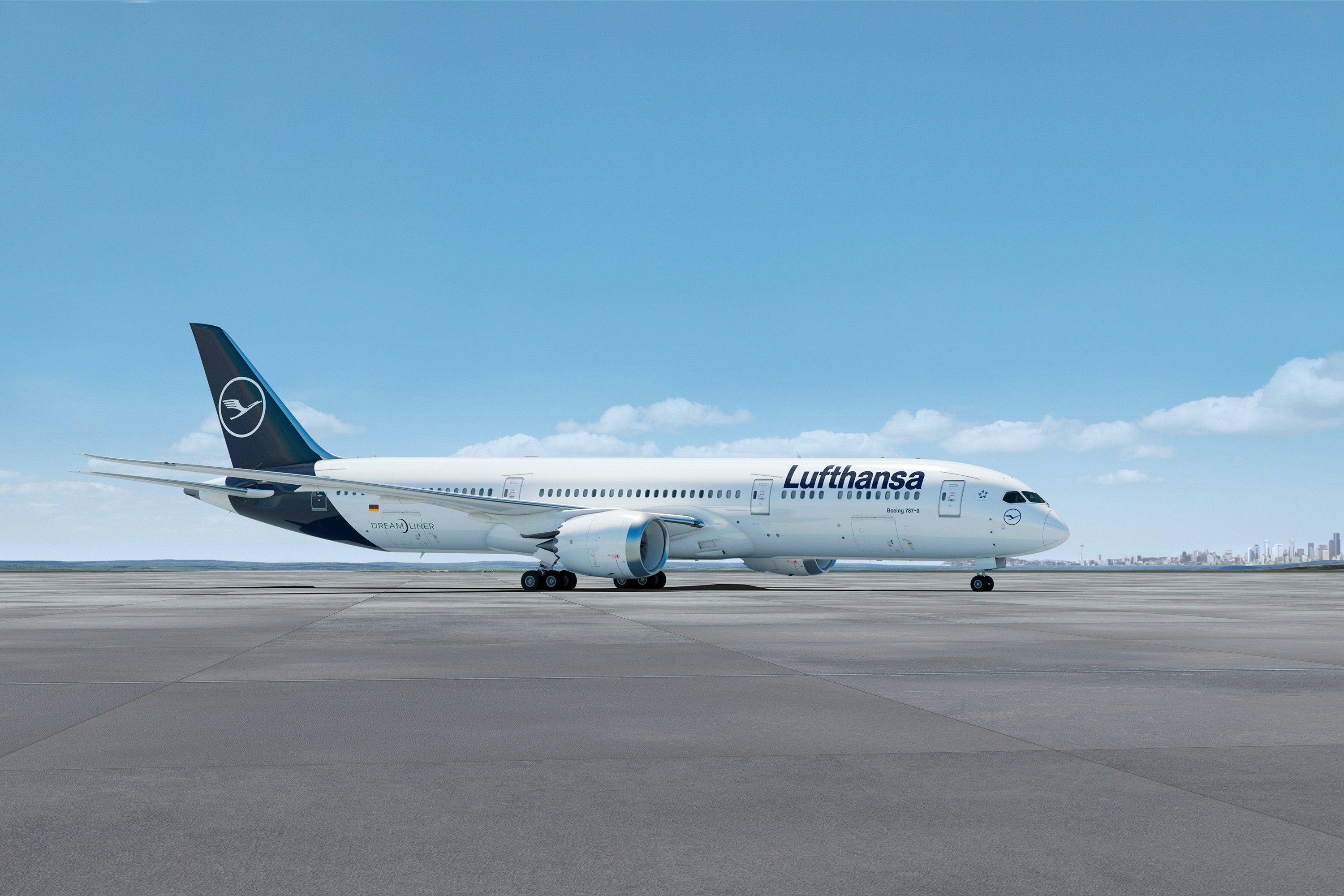 A rendering of a Boeing 787-9 in the Lufthansa livery