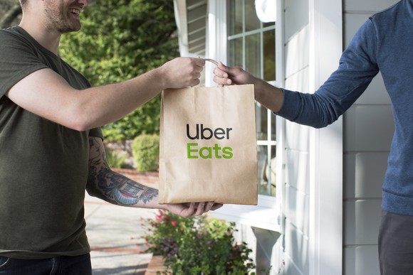 Man handing a bag with the Uber Eats logo to another man.
