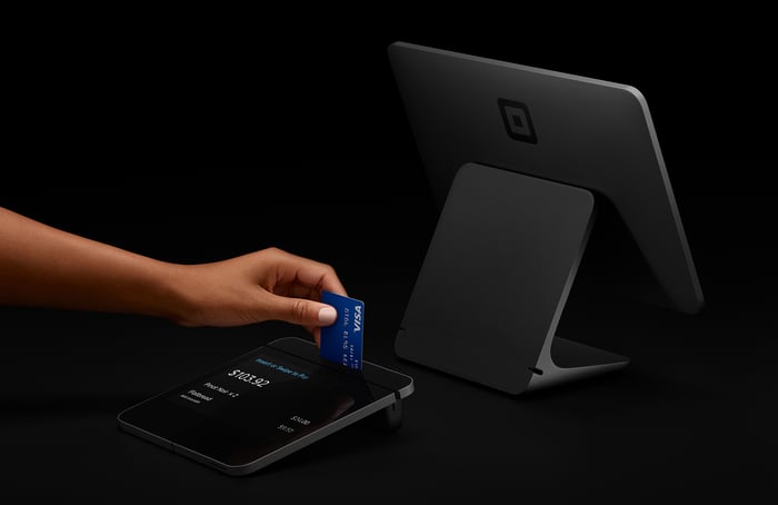 A person inserting a chip card into the Square Register.