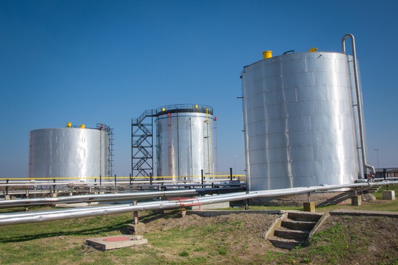 Ethanol storage tanks.