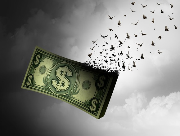 Illustration of a dollar bill morphing into birds and flying away