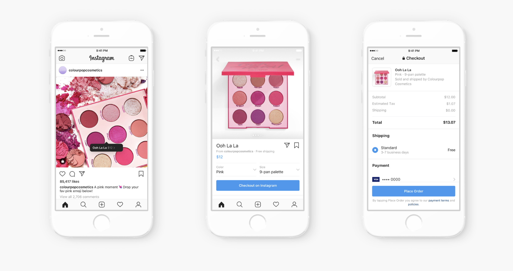 Three smartphones showing examples of Instagram Checkout