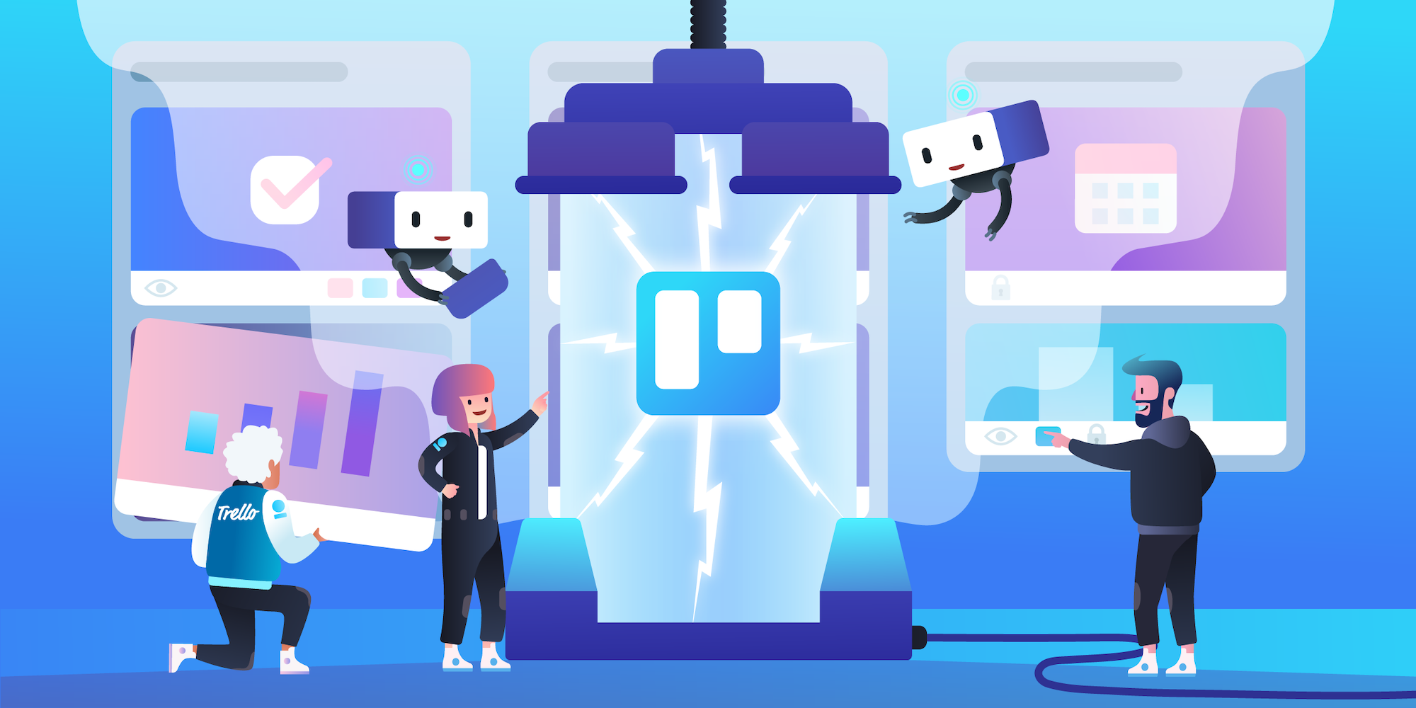 A cartoon of Trello employees and the Trello logo