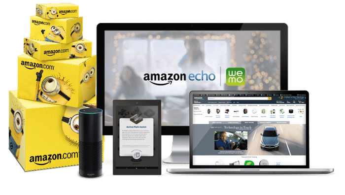 Amazon advertising examples: sponsored boxes, Echo, Kindle, desktop, and laptop.