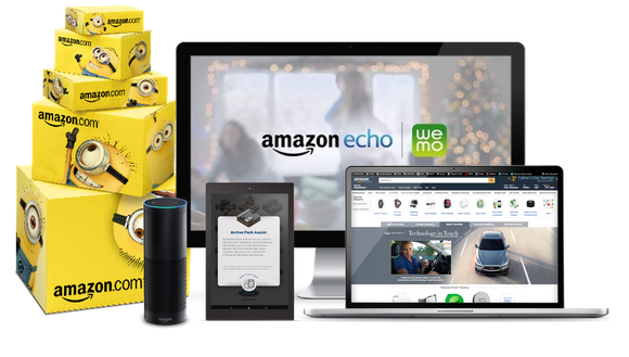 Amazon advertising examples: sponsored boxes, Echo, Kindle, desktop, and laptop.