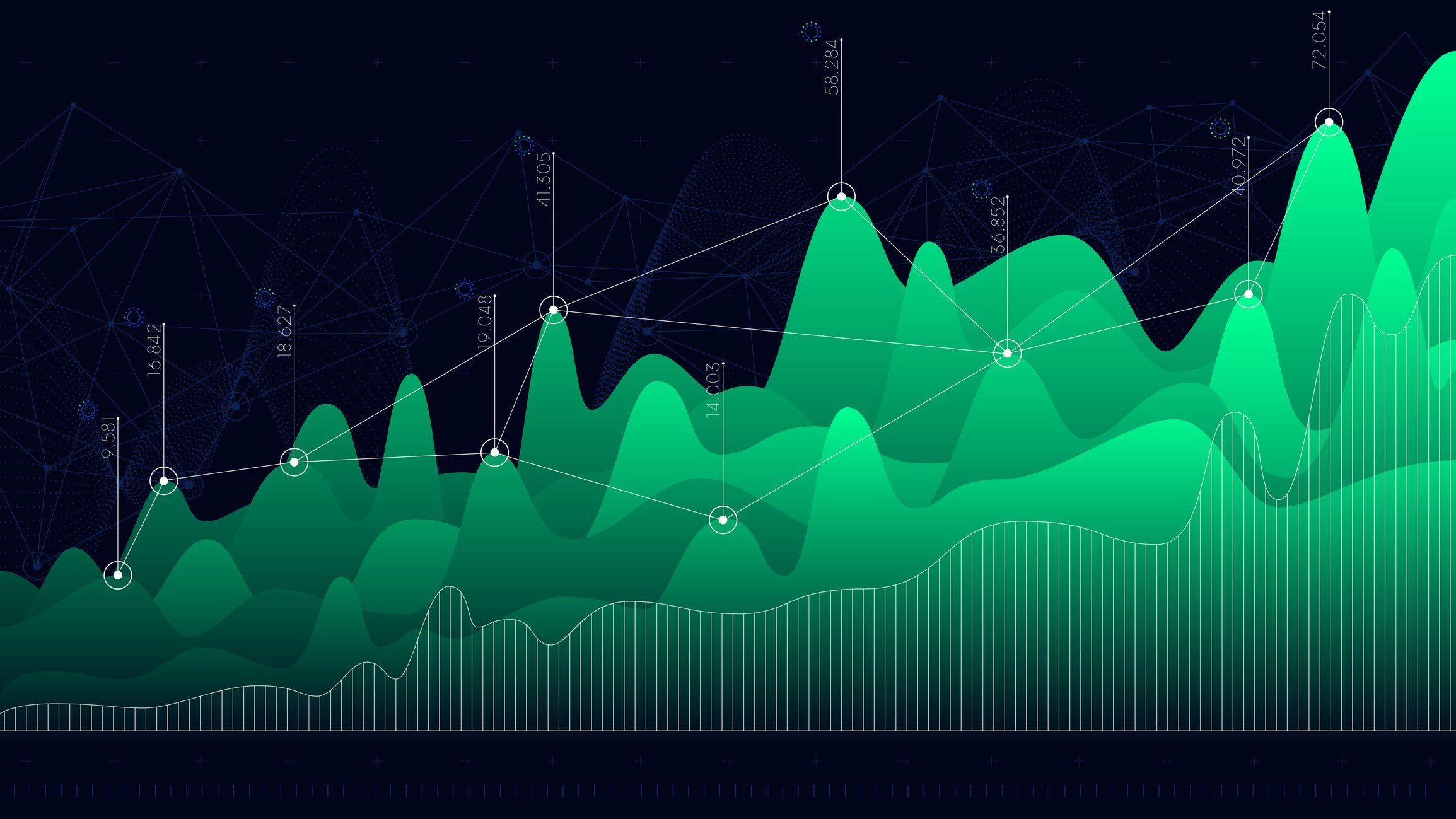 A stock chart with peaks and valleys superimposed in a 3D effect