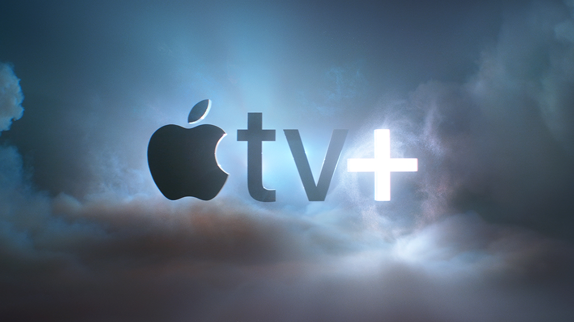 Apple TV+ logo against a cloudy sky background.