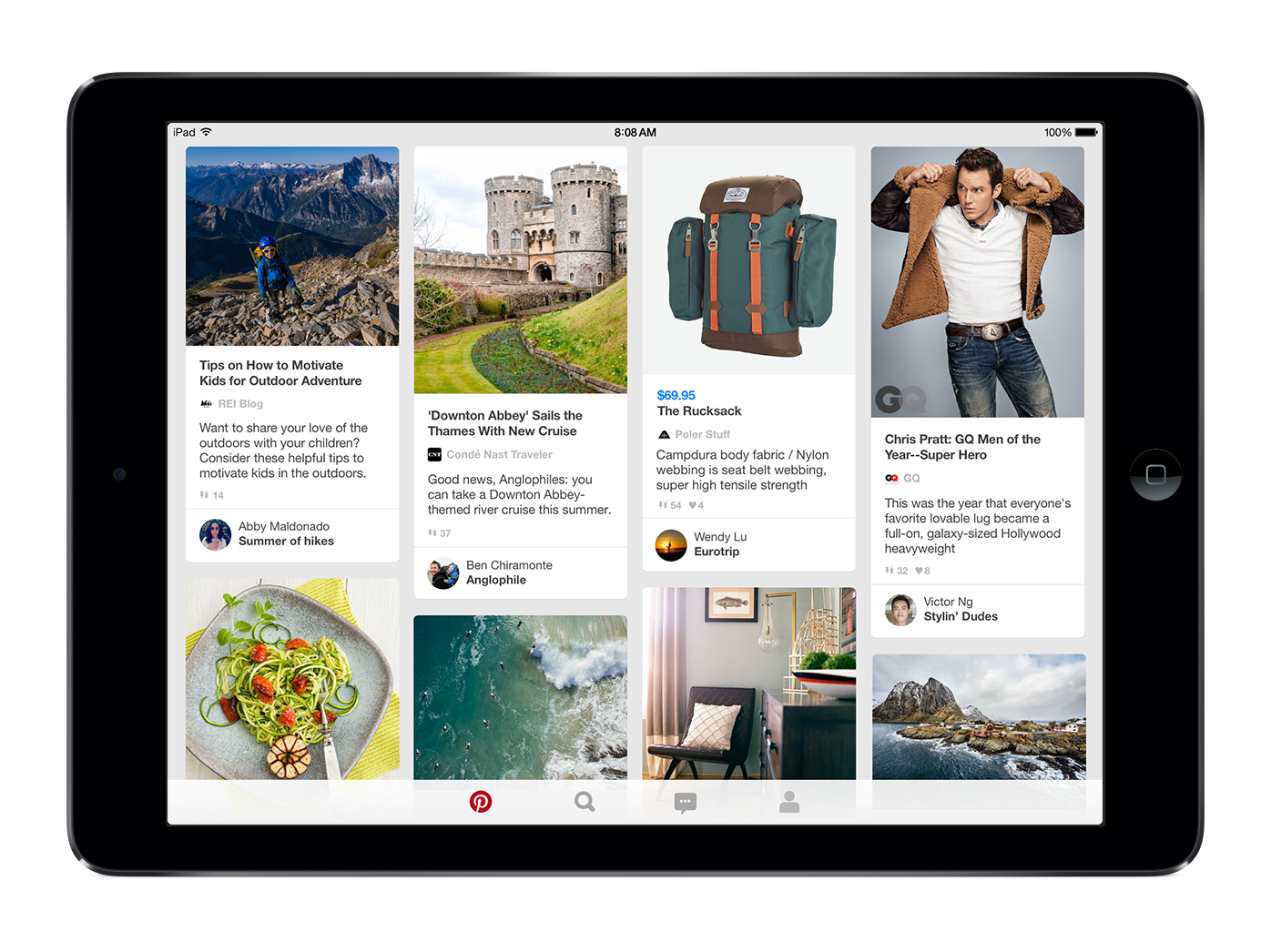 Pinterst app interface on an iPad