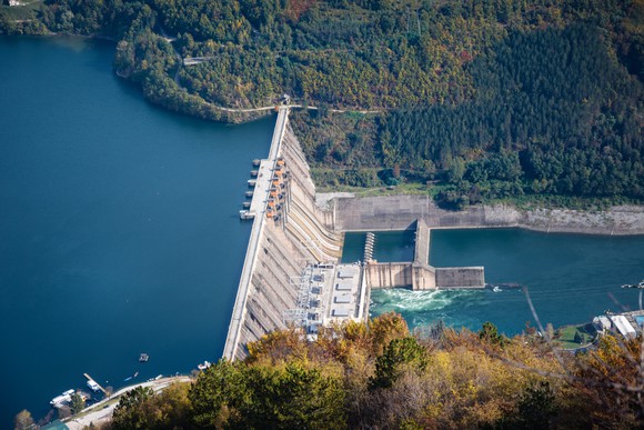 A hydroelectric power plant on a river.