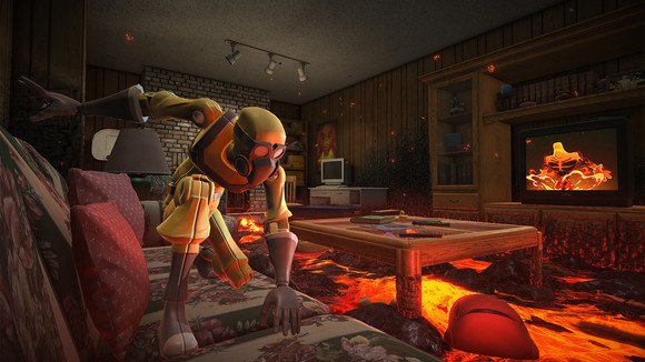 A scene from Hot Lava showing someone in protective gear in a living room where the floor is lava.
