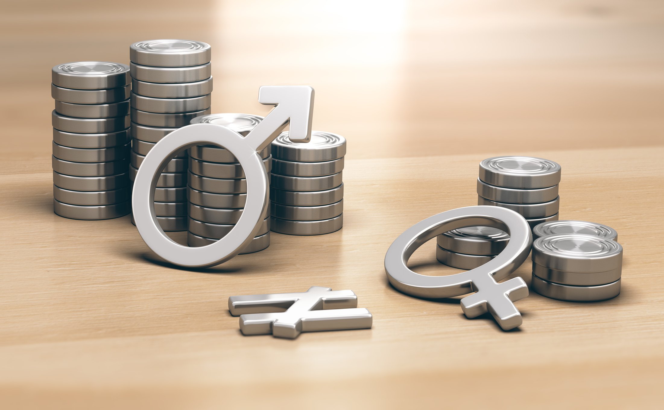 A "male" symbol next to a large stack of coins and a "female" symbol next to a smaller stack of coins, with a "not equal" symbol between them.