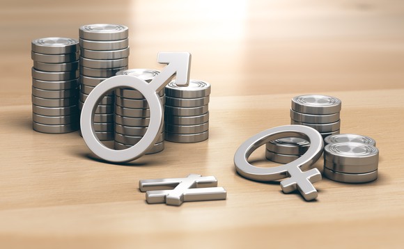A "male" symbol next to a large stack of coins and a "female" symbol next to a smaller stack of coins, with a "not equal" symbol between them.