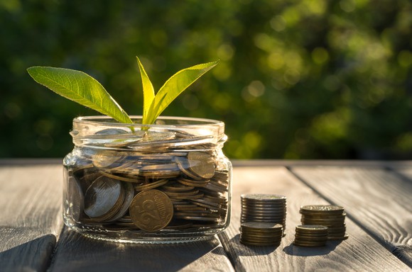 Leaves growing out of a small jar of coins. 