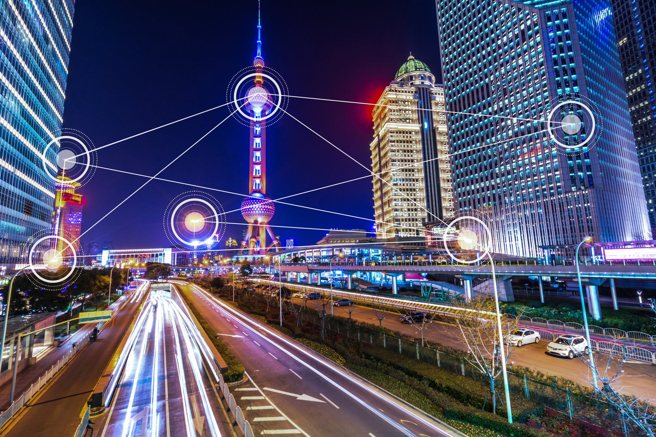 A lit-up view of Shanghai at night.