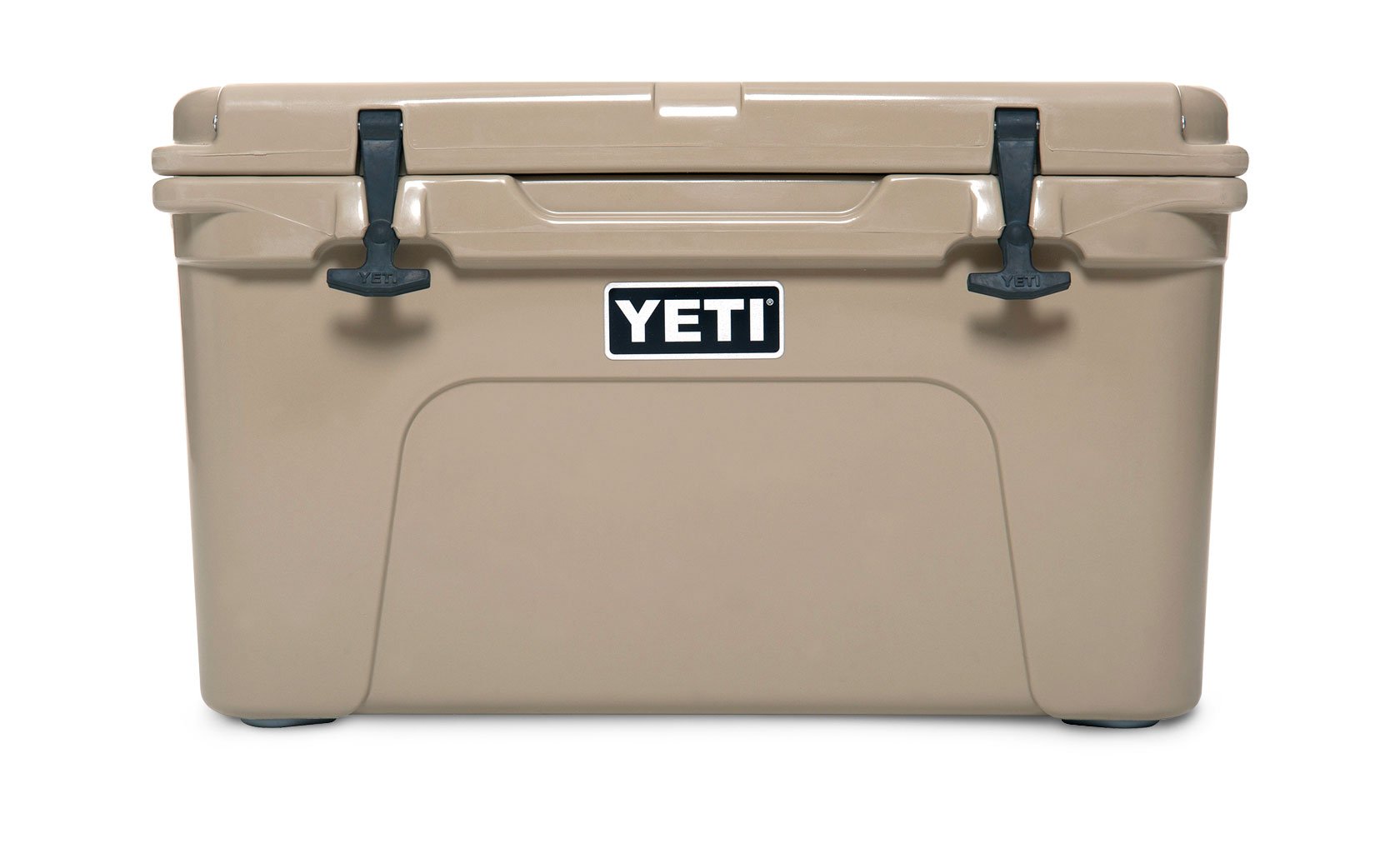 Beige ice cooler labeled Yeti.