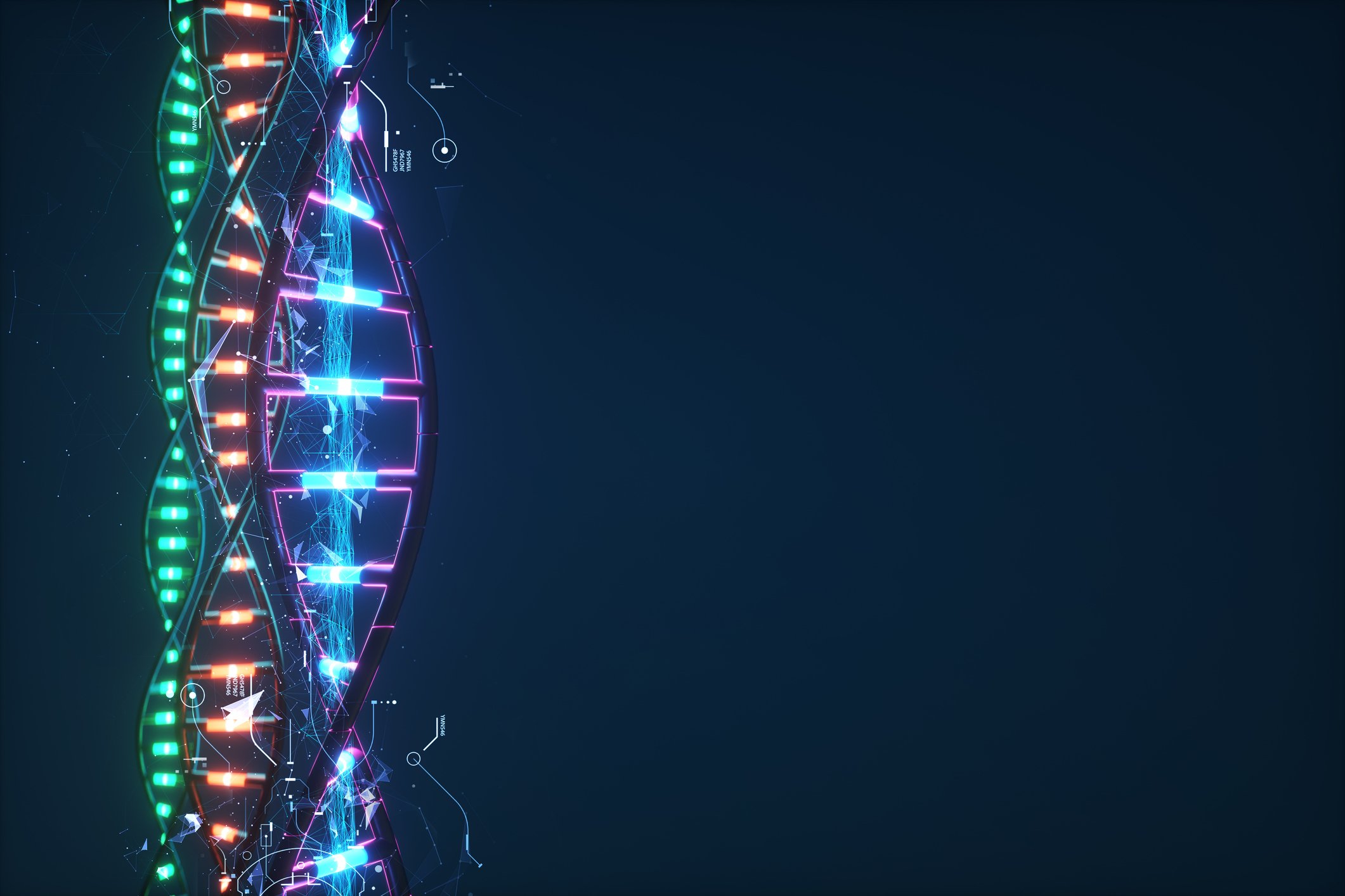 Three strands of DNA set against a dark background.